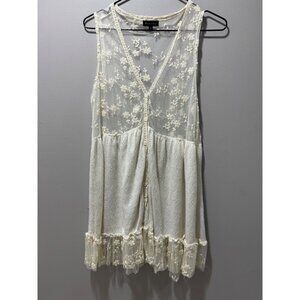 Long Floral Mesh Lace Button-Up Vest Tank Tunic Top Women Size S Babydoll Fairy
